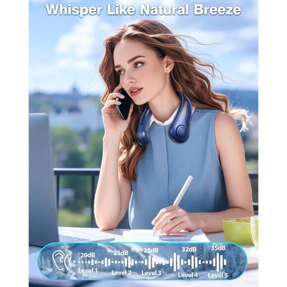 Personal Neck Fan Rechargeable 5-Speed Quiet Lightweight Cooling Blue - Picture 6 of 7
